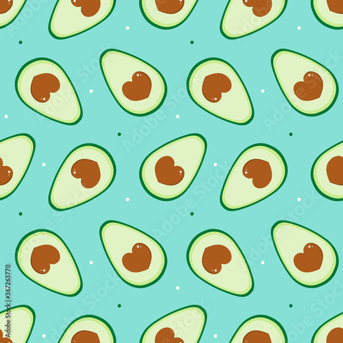 Cute cartoon style avocado and dots vector seamless pattern background for vegan, healthy food design.