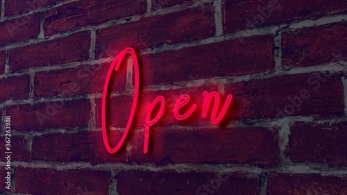 Open red color neon fluorescent tubes signs on brick wall. 3D rendering, illustration, poster, banner. Inscription, concept on gray wooden wall background.