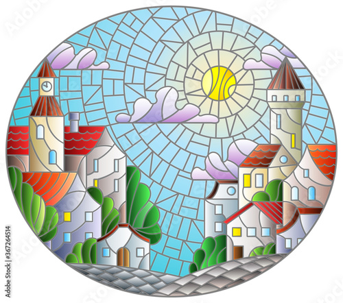 Illustration in stained glass style, urban landscape,roofs and trees against the day sky and sun, oval image