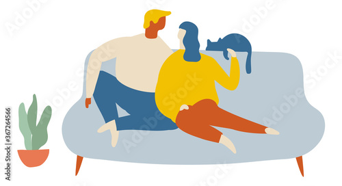 Couple at home Flat Vector. Cozy home, relaxing © Oksana
