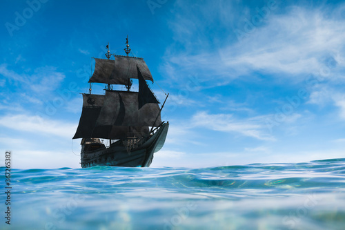 ( 3D illustration, Rendering ) VIntage black pirate ship sailing at sea.