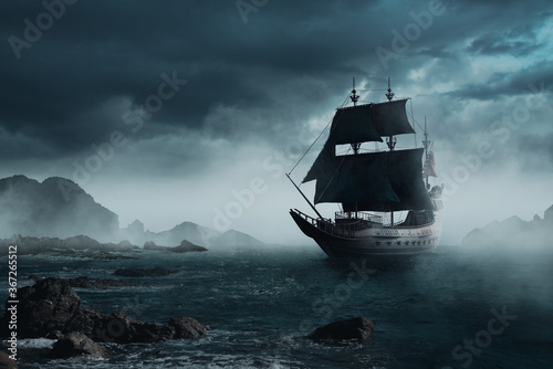 Dekoracja na wymiar  3d-illustration-rendering-vintage-black-pirate-ship-sailing-at-sea