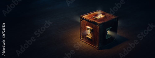 (3D Rendering, Illustration) Mysterious locked box with keyholes on a dark background photo
