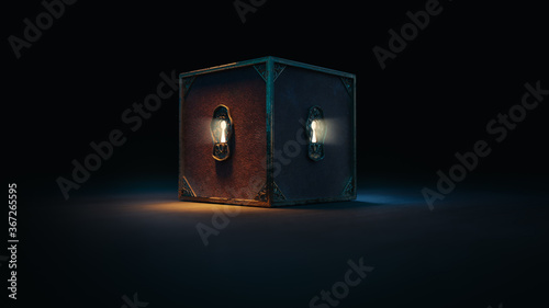 (3D Rendering, Illustration) Mysterious locked box with keyholes on a dark background photo