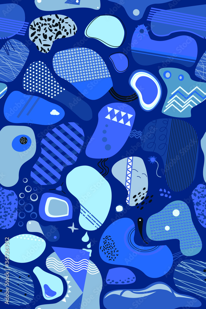 Abstract seamless vector background in blue tones from the original elements of an irregular shape in a modern style for printing on fabric or as a pattern for printing booklets or invitations