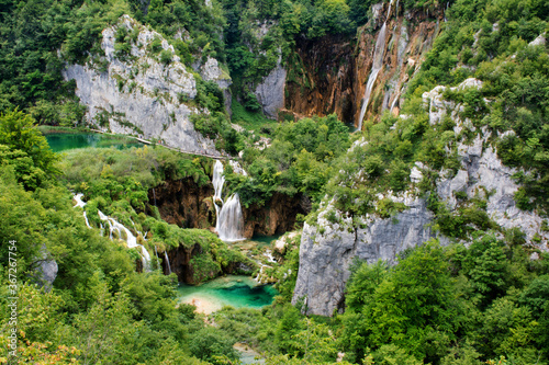 National park. Croatia. Waterfalls   mountains lake. 