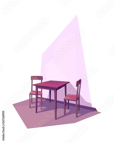 low poly room interior, wooden table, chair, vector illustration