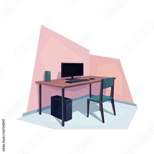 low poly room interior, workplace, computer, desk, chair, display, keyboard, mouse, vector illustration