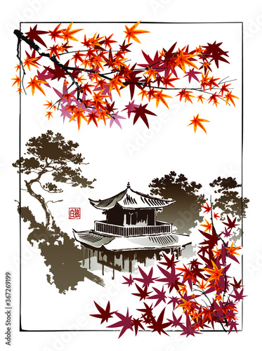 Temple, pagoda on the background of maple branches. The signification of the seal is the name of the author, hieroglyphs White Wolf. Vector illustration in oriental style.