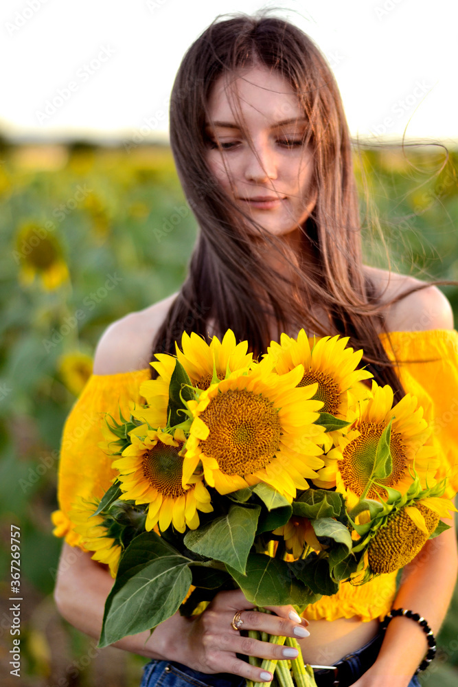 young long-haired girl in a field with sunflowers young long-haired girl in a field with sunflowers