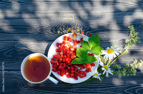 Wild ripe strawberries on a dark wooden rustic table and Cup of herbal tea. Summer concept, a new crop of berries. Bright shadows on a Sunny day on the terrace.