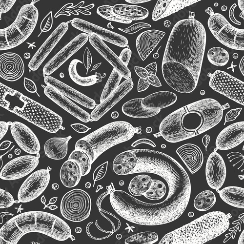 Vintage vector meat products seamless pattern. Hand drawn sausage, wurst and herbs background. Meat food retro illustrations on chalk board
