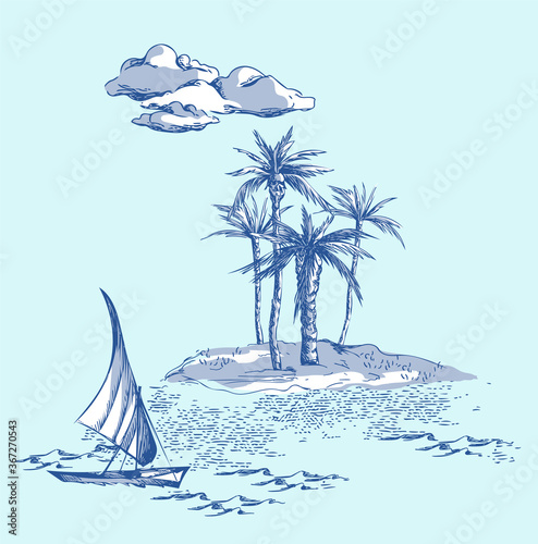 Illustration of Sailing Boat and Tropical Island.