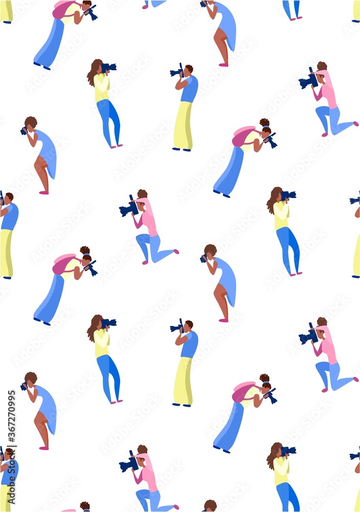 Stylish seamless vector flat pattern. Many people of male and female photographers take pictures with and without flash. Wallpaper isolated on white background.Cartoon .fashionable illustration design