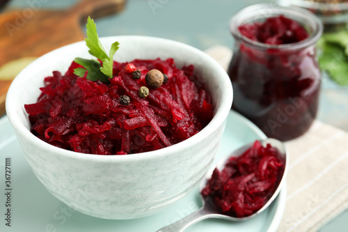 Delicious pickled beets in bowl, closeup view