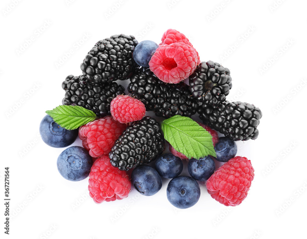 Pile of different ripe tasty berries with green leaves isolated on white, top view Pile of different ripe tasty berries with green leaves isolated on white, top view