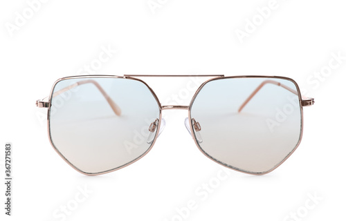 Stylish sunglasses isolated on white. Beach object