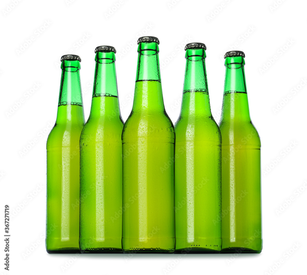 Green bottles with beer isolated on white