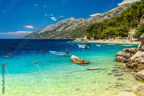 Beautiful seashore with boats  Brela resort  Dalmatia  Croatia