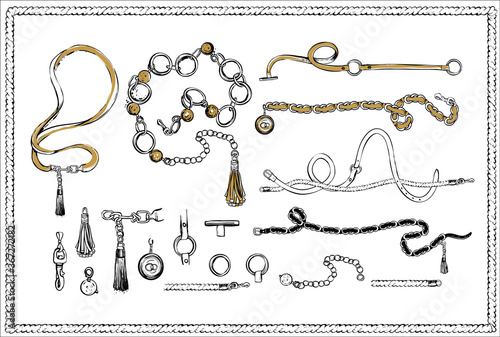 Leather and golden chain belts elements and frames. Vintage belt abstract illustration kit on white background. Fashion decoration elements. Isolated vintage baroque belt pattern vector elements.