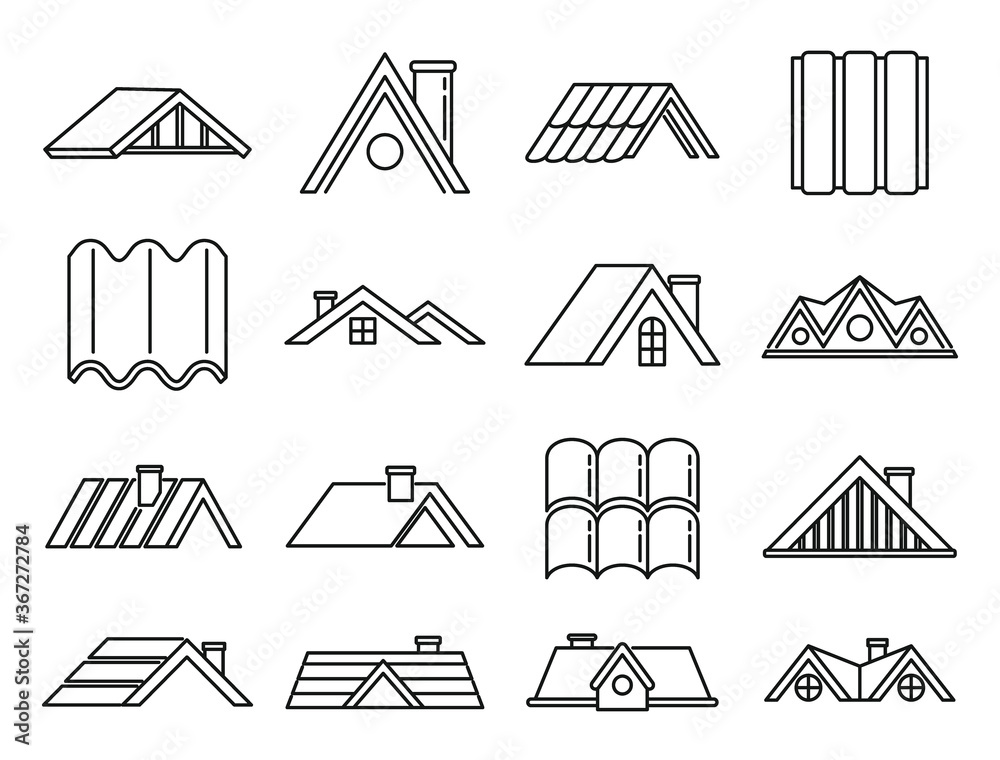 House roof icons set. Outline set of house roof vector icons for web design isolated on white background - obrazy, fototapety, plakaty 