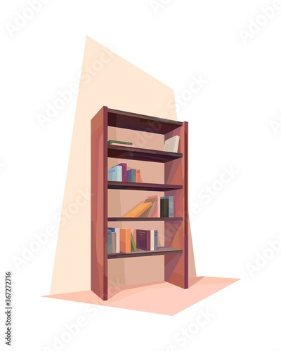 low poly wooden bookcase, room interior, isolated furniture, vector, illustration