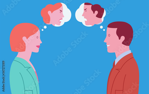 Conceptual illustration representing business woman and man who smile at each other and hide hostile thoughts