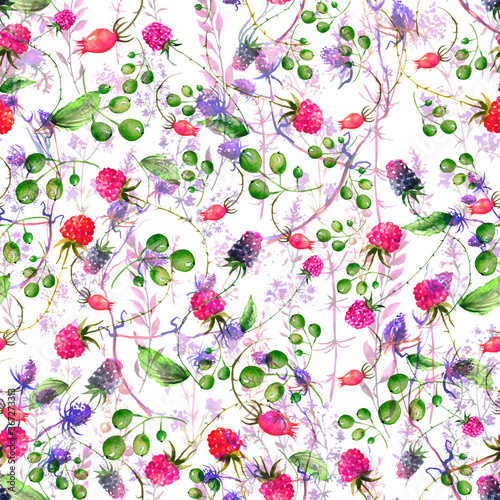 Watercolor seamless background floral pattern. Berry set - raspberries, blackberries, grass and plant flowers, burdock, thistle, alga, inflorescence, wild herbs. Floral pattern