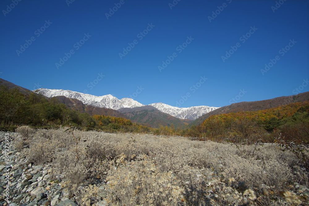 typical mountain landscape of Japanese alps from the riverside  in Hakuba at early Autumn