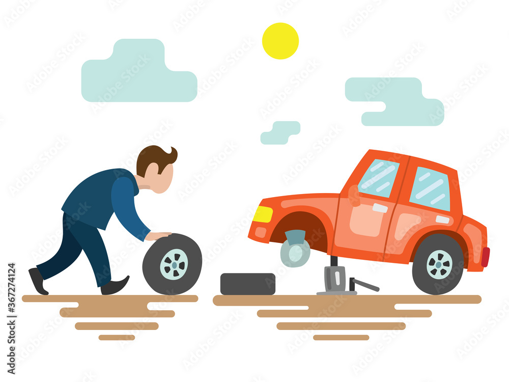 The man replaces the tire on the car. Vector illustration with a broken red car on the road. The man replaces the tire on the car. Vector illustration with a broken red car on the road.
