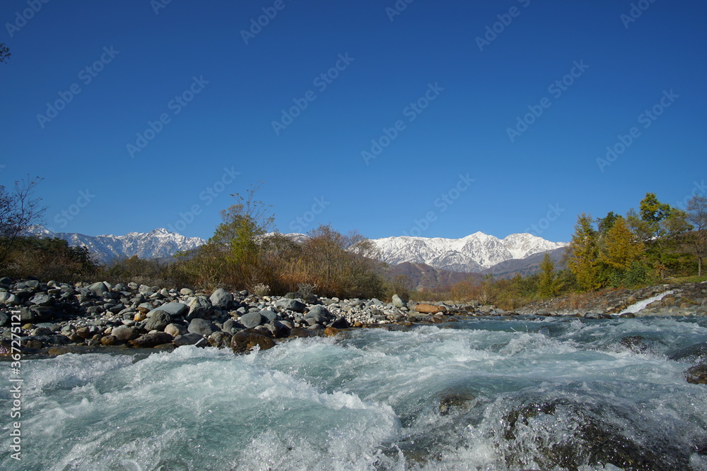 typical mountain landscape of Japanese alps in Hakuba at early Autumn