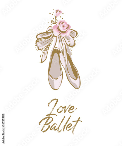 Pointe ballerina shoes and I love ballet slogan. Cute ballet shoes with ribbon bow. Hand drawn vector sketch. Gold and pink vintage watercolor illustration on white background. Baby girl fashion