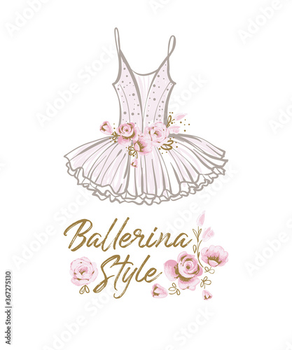 Ballet greeting card with ballerina slogan and tutu dress. Cute hand drawn vector sketch. Gold and pink vintage watercolor illustration on white background. Baby fashion design.