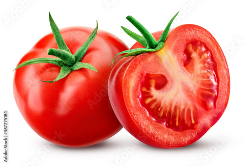 Tomatoes isolate on white background. Tomato half isolated. Tomatoes side view. Whole, cut, slice tomatoes. Clipping path. photo