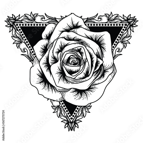 tattoo and t-shirt design black and white hand drawn  rose and triangle engraving ornament premium vector