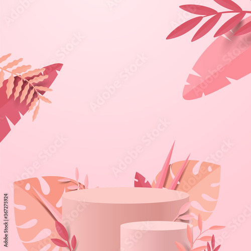 Abstract minimal scene with geometric forms. cylinder podium display or showcase mockup for product in pink background with paper leaves.