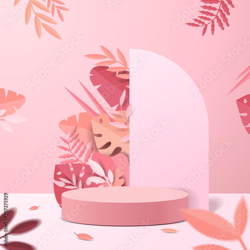 Abstract minimal scene with geometric forms. cylinder podium display or showcase mockup for product in pink background with paper leaves.