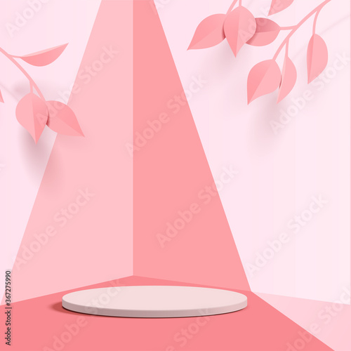 Abstract minimal scene with geometric forms. cylinder podium display or showcase mockup for product in pink background with paper leaves.