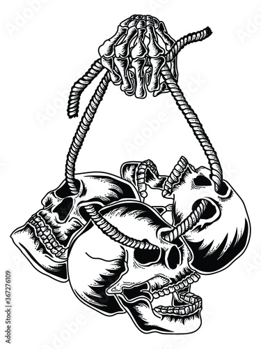 tattoo and t-shirt design black and white hand drawn  3 skull and rope premium vector