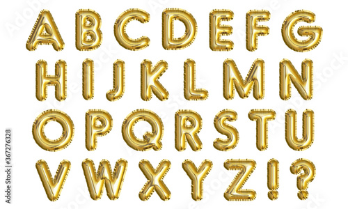 Golden inflatable balloons letters isolated on white background. Foil balloon font of English alphabet