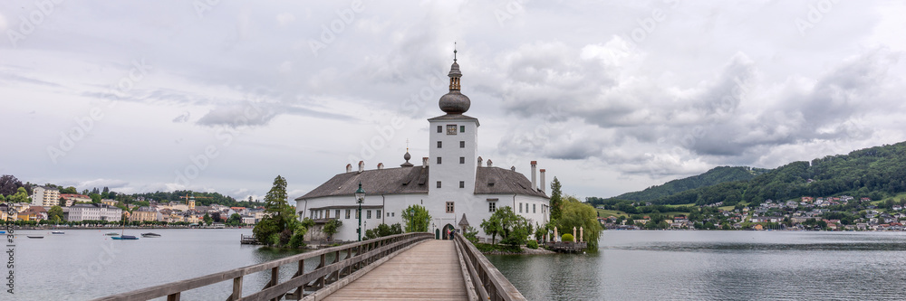 Panoramic image from the wooden bridge to the castle named Ort in the city Gmunden. Austria