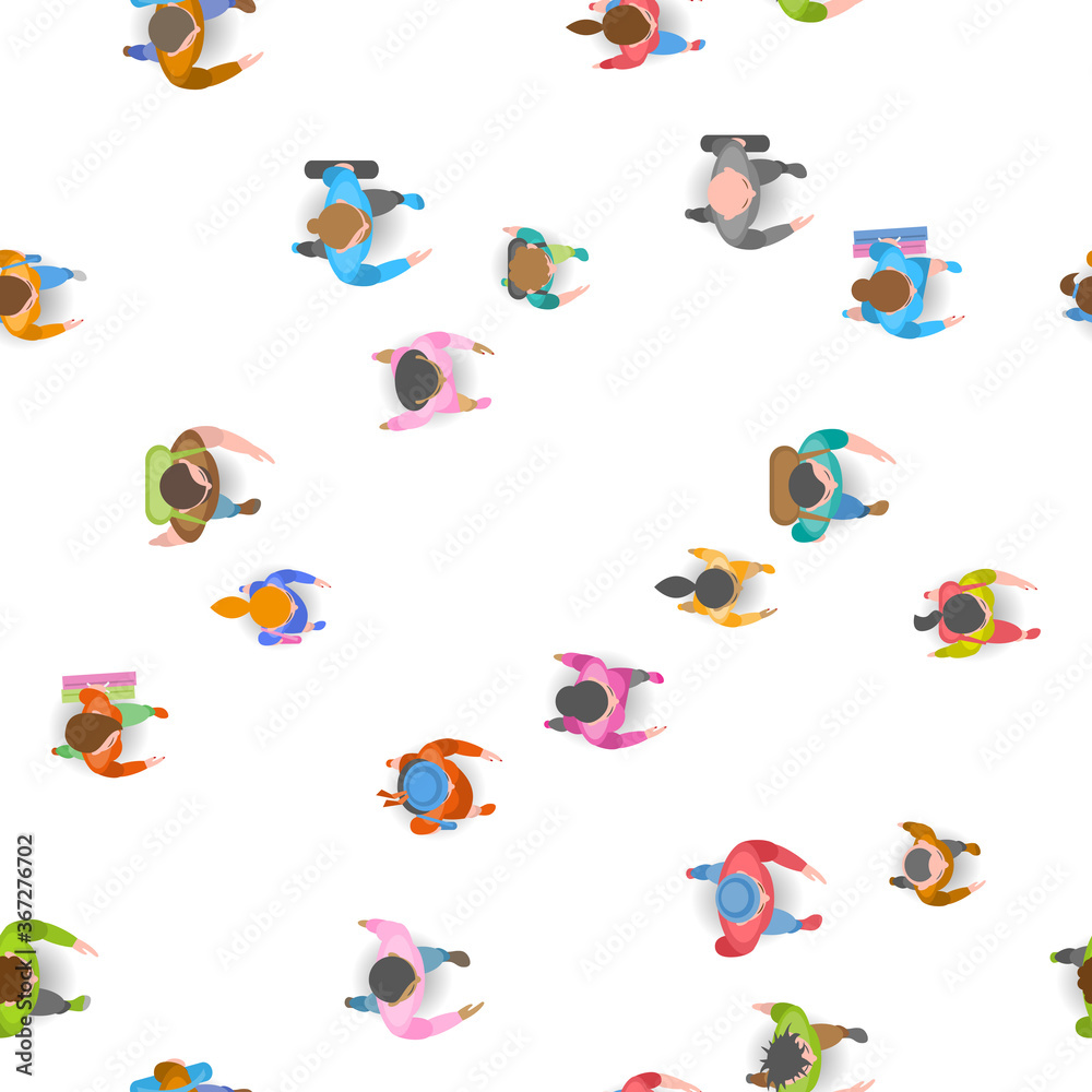 Seamless vector pattern. A group of social people. Top view. Crowding people. View from above. 