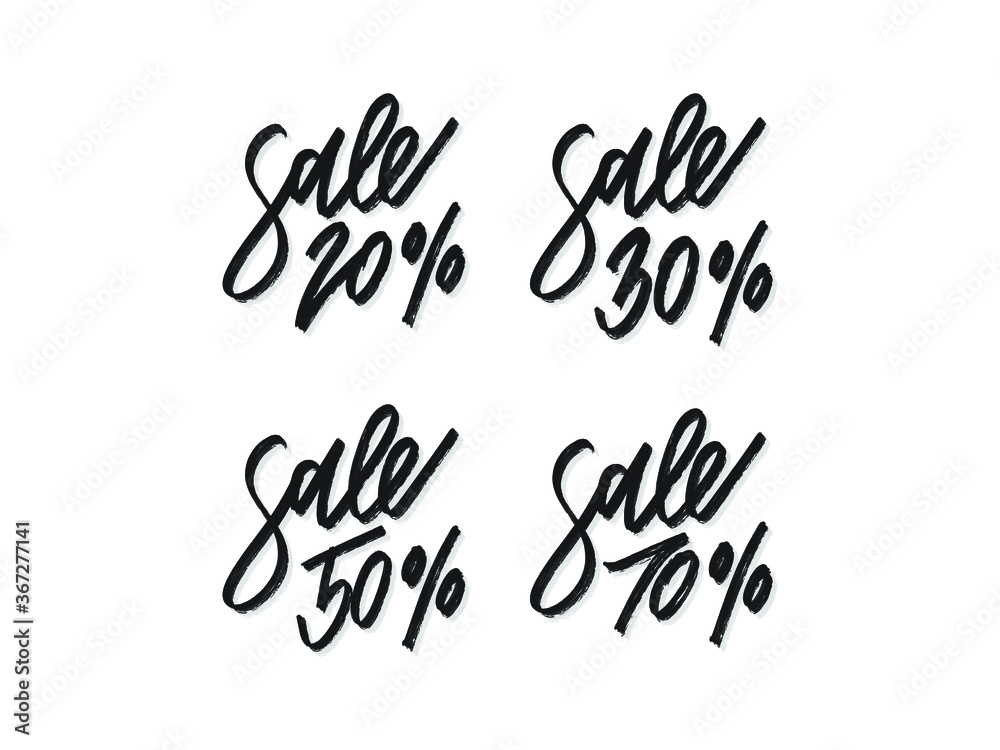 sale 20%, Sale 30%, Sale 50%, Sale 70%. Hand written lettering isolated on white background.Vector template for poster, social network, banner, cards. sale 20%, Sale 30%, Sale 50%, Sale 70%. Hand written lettering isolated on white background.Vector template for poster, social network, banner, cards.