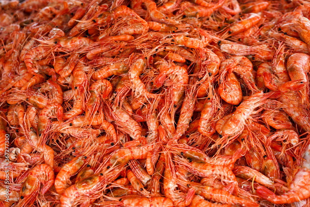 Natural background with lots of red cooked prawns