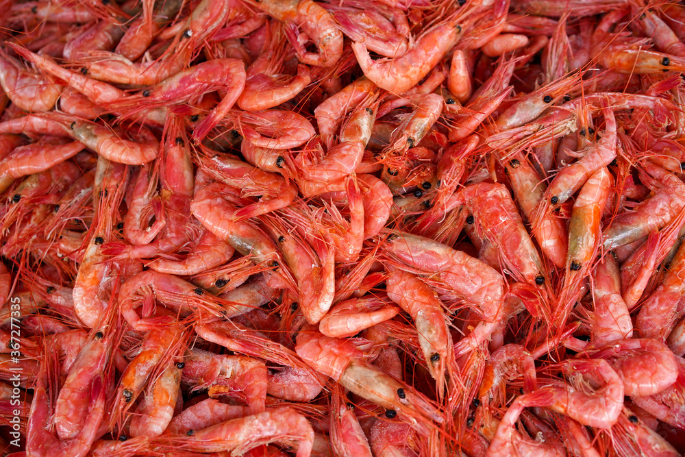 Natural background with lots of red cooked prawns