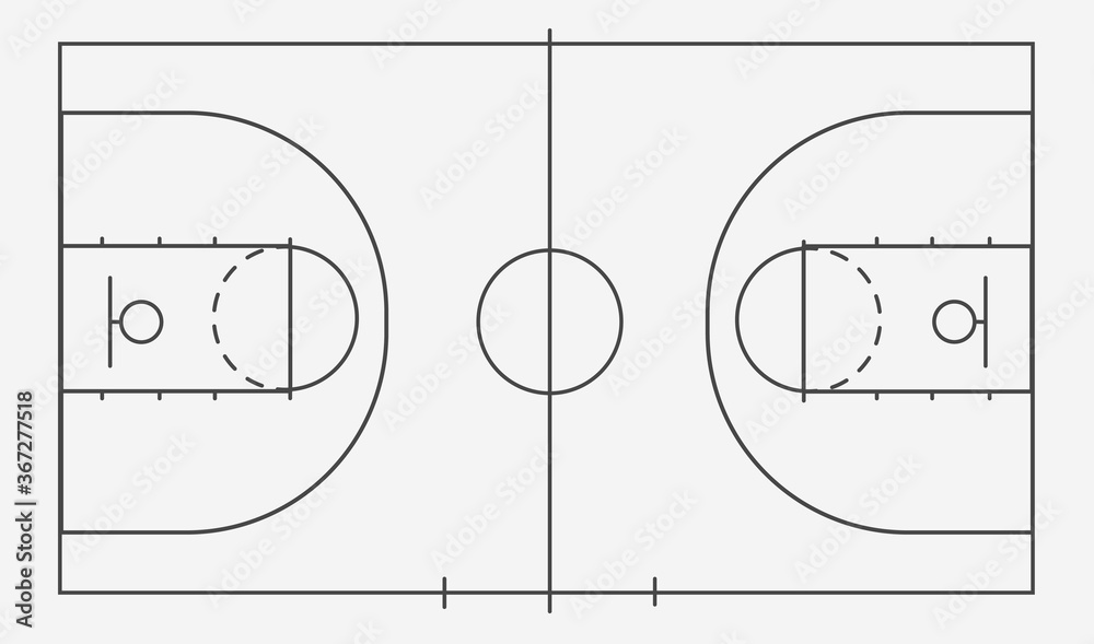 Isolated basketball court ball game on a white field. Competitive sport on  the site. Stadium with black markings. Vector stock graphics. To plan a  strategy for sites and applications. Stock Vector