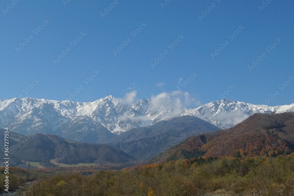 autumn landscape with river in the mountains of Japanese alps