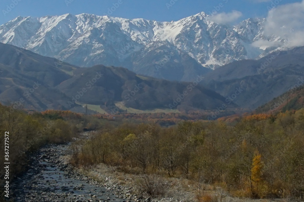 autumn landscape with river in the mountains of Japanese alps
