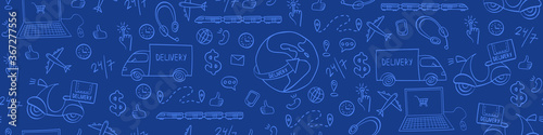 Delivery hand drawn horizontal border. Doodle shipping elements on blue background. Vector illustration.