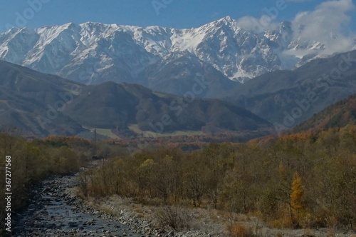 three colors mountain landscape in Autumn